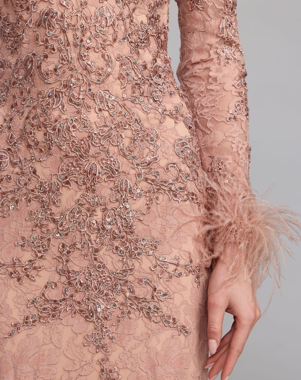 Pink Long Sleeve Feather Embellished Mermaid Gown