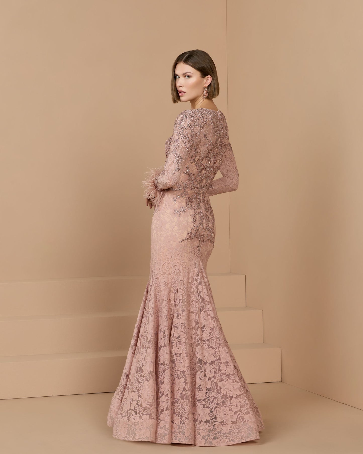 Pink Long Sleeve Feather Embellished Mermaid Gown