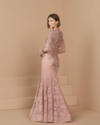 Pink Long Sleeve Feather Embellished Mermaid Gown