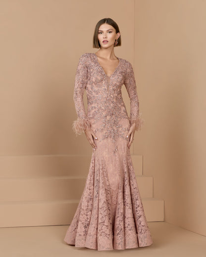 Pink Long Sleeve Feather Embellished Mermaid Gown