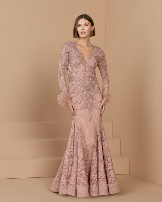 Pink Long Sleeve Feather Embellished Mermaid Gown