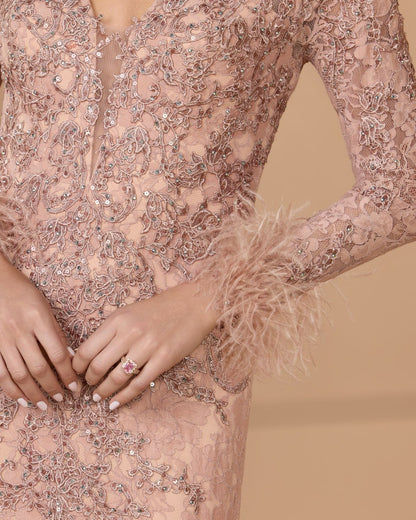Pink Long Sleeve Feather Embellished Mermaid Gown