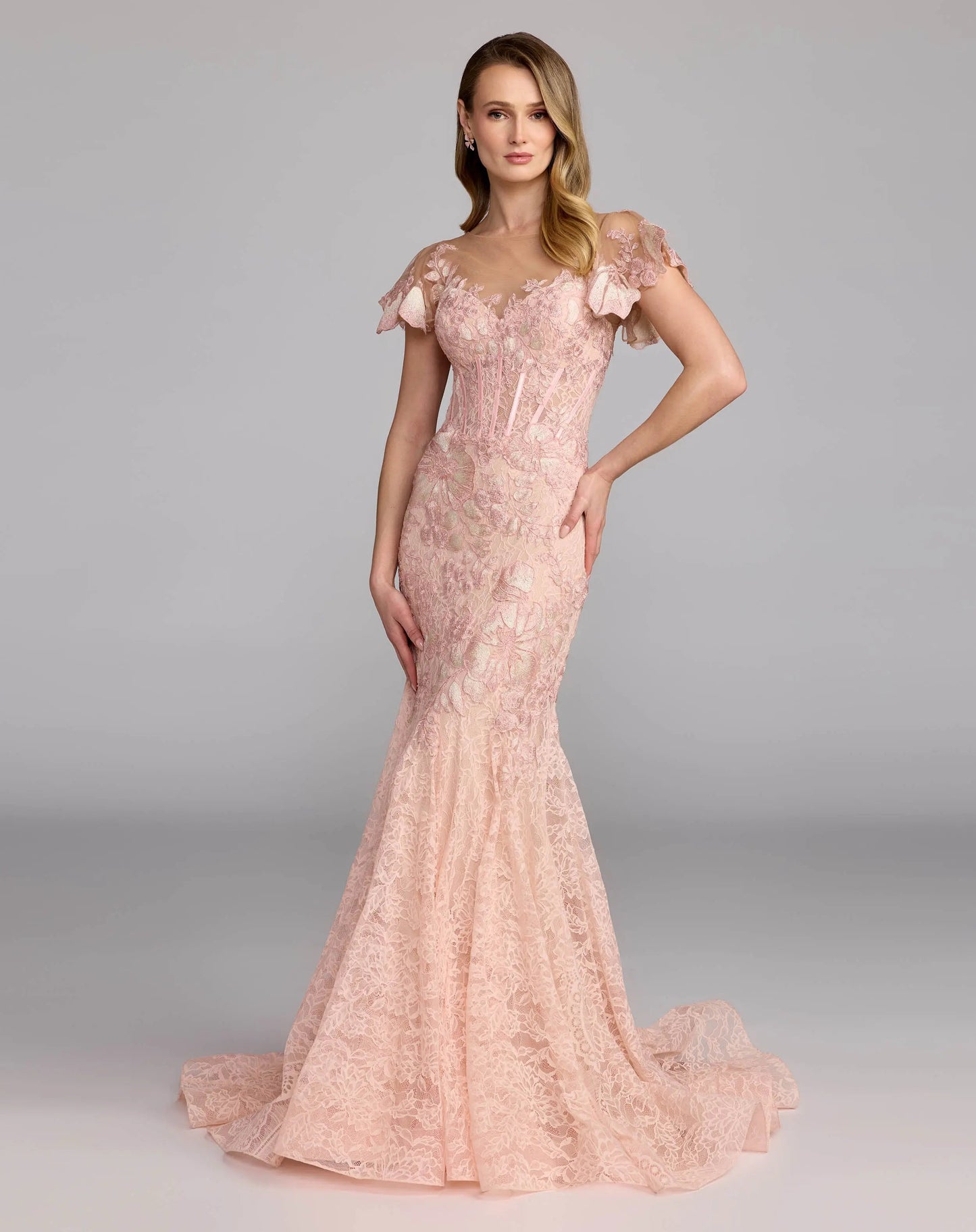 Pink Embroidered Lace Flutter Sleeve Mermaid Gown