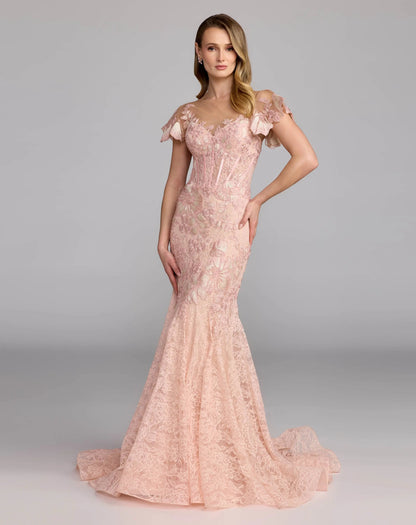 Pink Embroidered Lace Flutter Sleeve Mermaid Gown