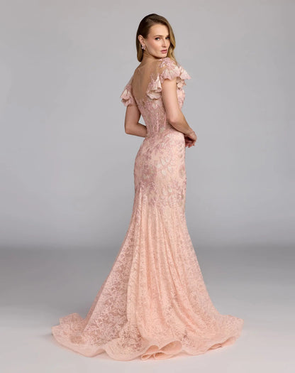 Pink Embroidered Lace Flutter Sleeve Mermaid Gown