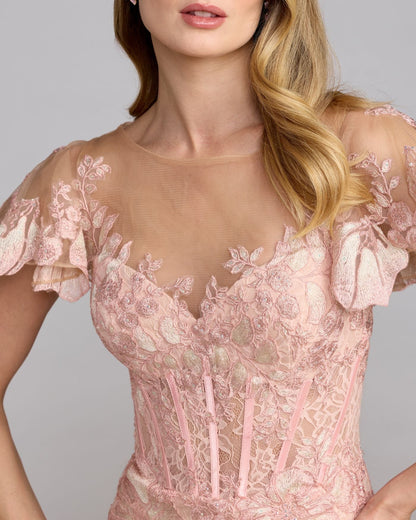 Pink Embroidered Lace Flutter Sleeve Mermaid Gown