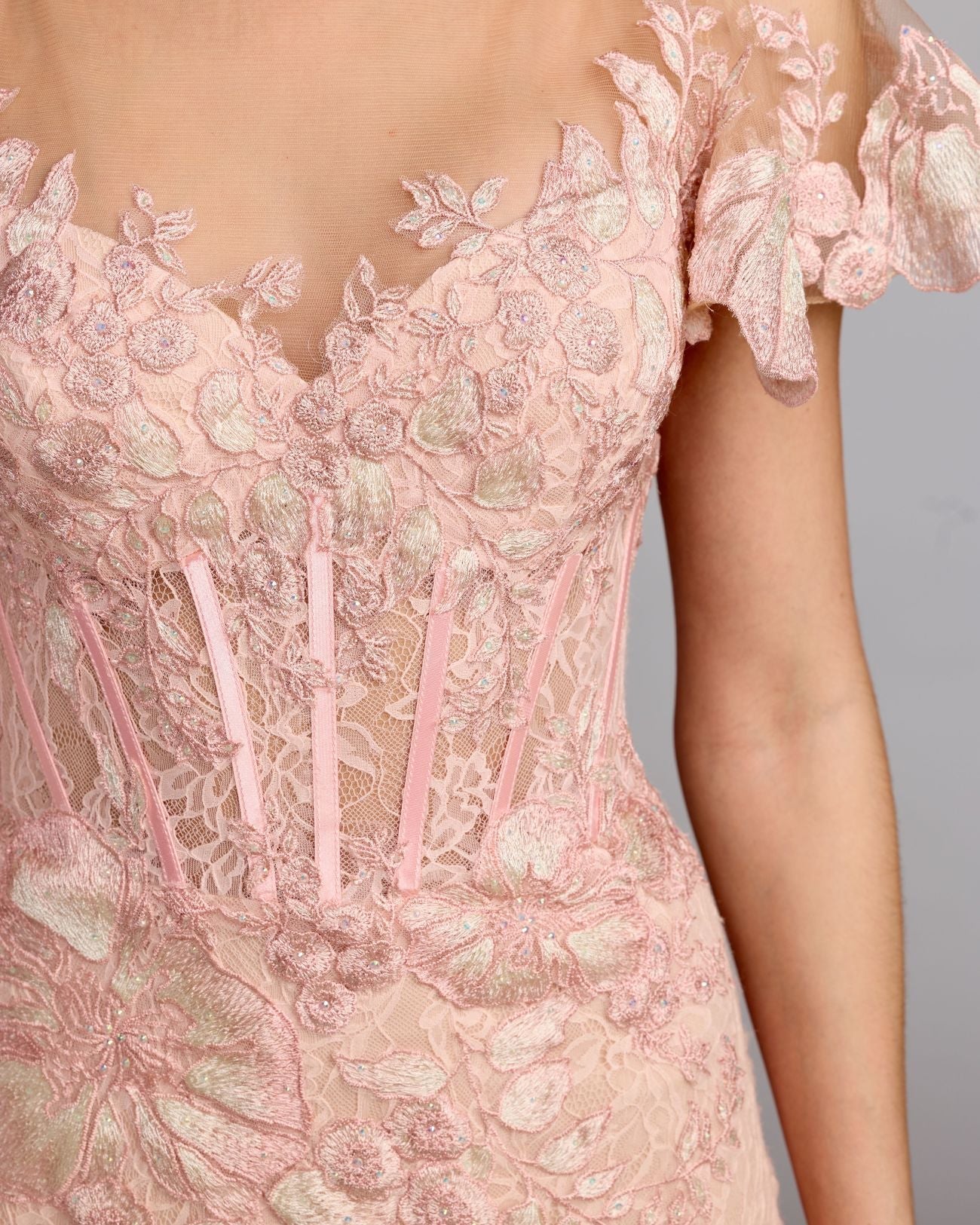 Pink Embroidered Lace Flutter Sleeve Mermaid Gown