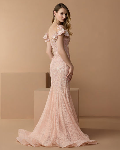 Pink Embroidered Lace Flutter Sleeve Mermaid Gown