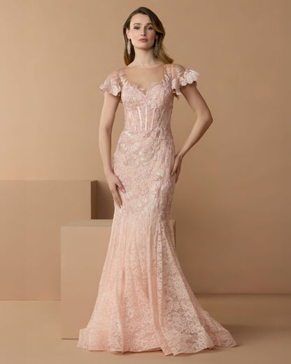 Pink Embroidered Lace Flutter Sleeve Mermaid Gown