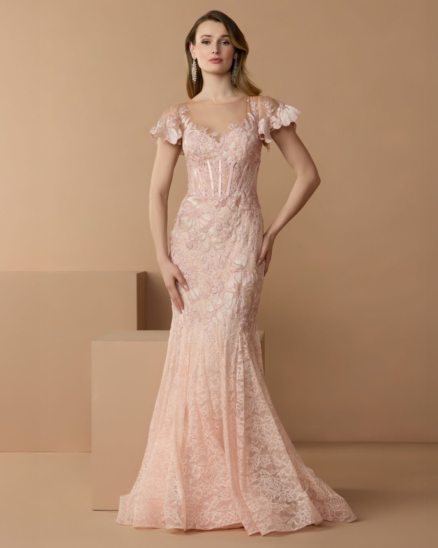 Pink Embroidered Lace Flutter Sleeve Mermaid Gown