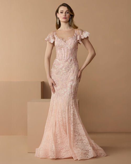 Pink Embroidered Lace Flutter Sleeve Mermaid Gown