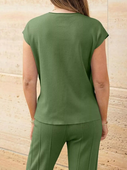 Hazel Blues® |  Casual Solid Color Cap Sleeve Top and Pants Knit Set