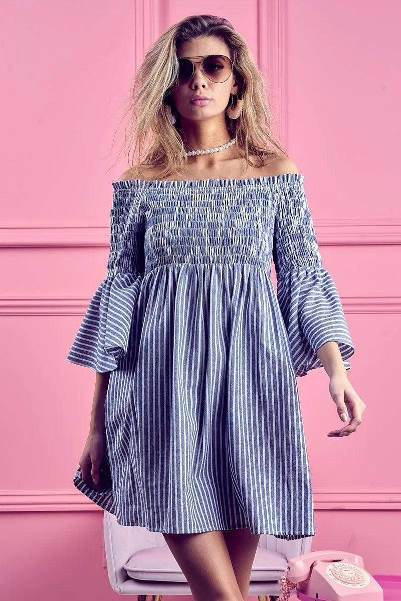Hazel Blues® |  BiBi Smocked Off Shoulder Striped Dress