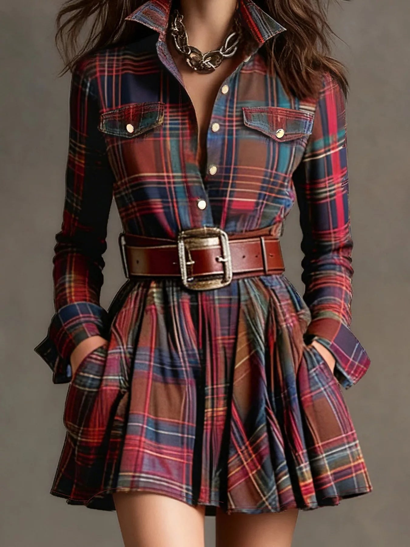 Hazel Blues® |  Plaid Long Sleeve Shirt Dress