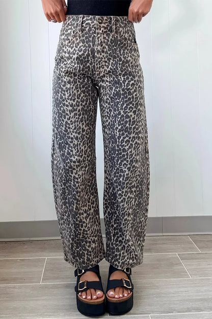 Hazel Blues® |  Leopard Print High Waist Barrel Jeans