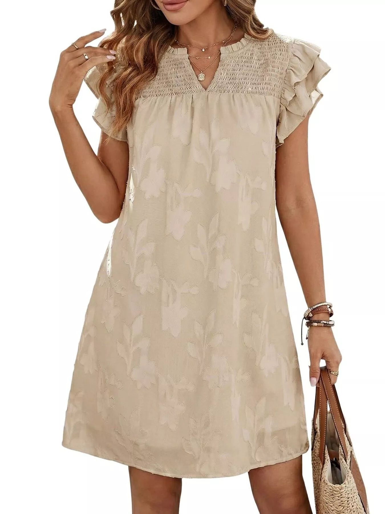 Hazel Blues® |  Floral Embossed Ruffle Sleeve Mini Dress