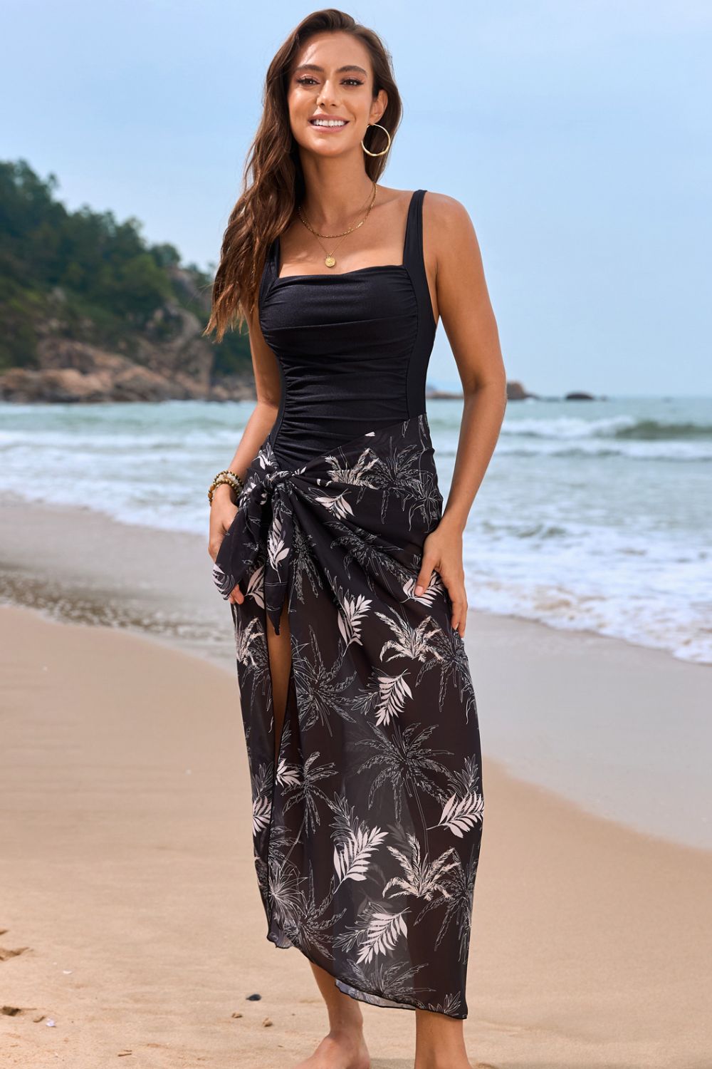 Hazel Blues® | Square Neck Printed One-Piece Swimwear and Cover Up Swim Set