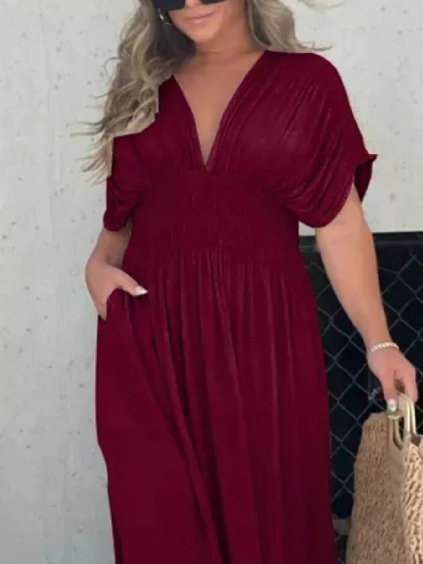 Hazel Blues® | Slit V-Neck Smocked Waist Maxi Dress
