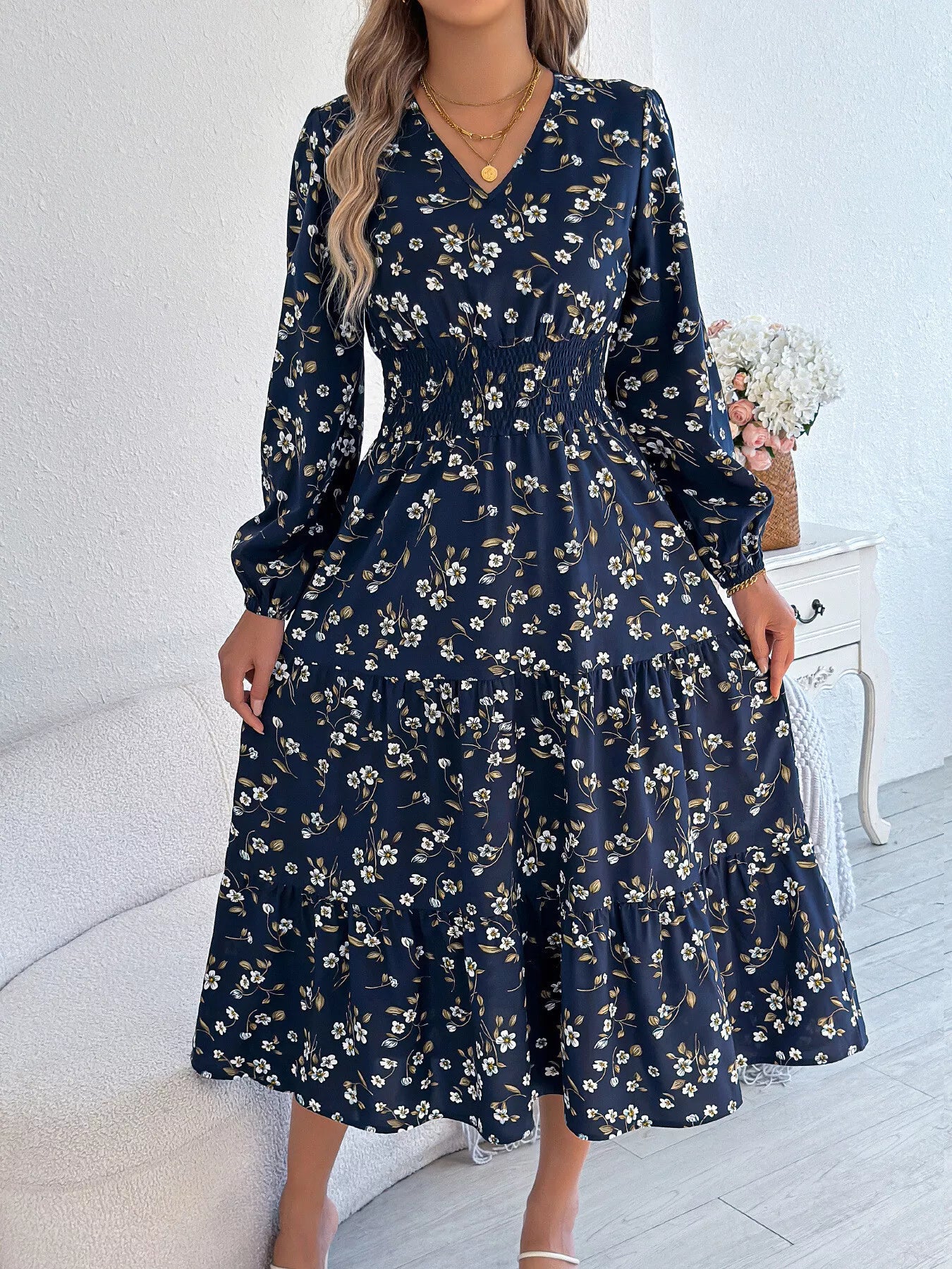 Hazel Blues® |  Floral Print Long Sleeve V-Neck Midi Dress