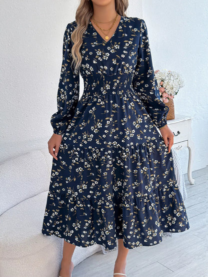 Hazel Blues® |  Floral Print Long Sleeve V-Neck Midi Dress