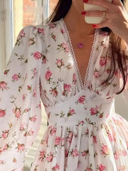 Hazel Blues® |  Floral Print Lace Detail V-Neck Mini Dress Plus SIze
