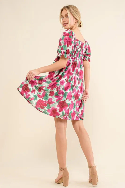 Hazel Blues® |  And The Why Smocked Floral Ruffle Short Sleeve Mini Dress