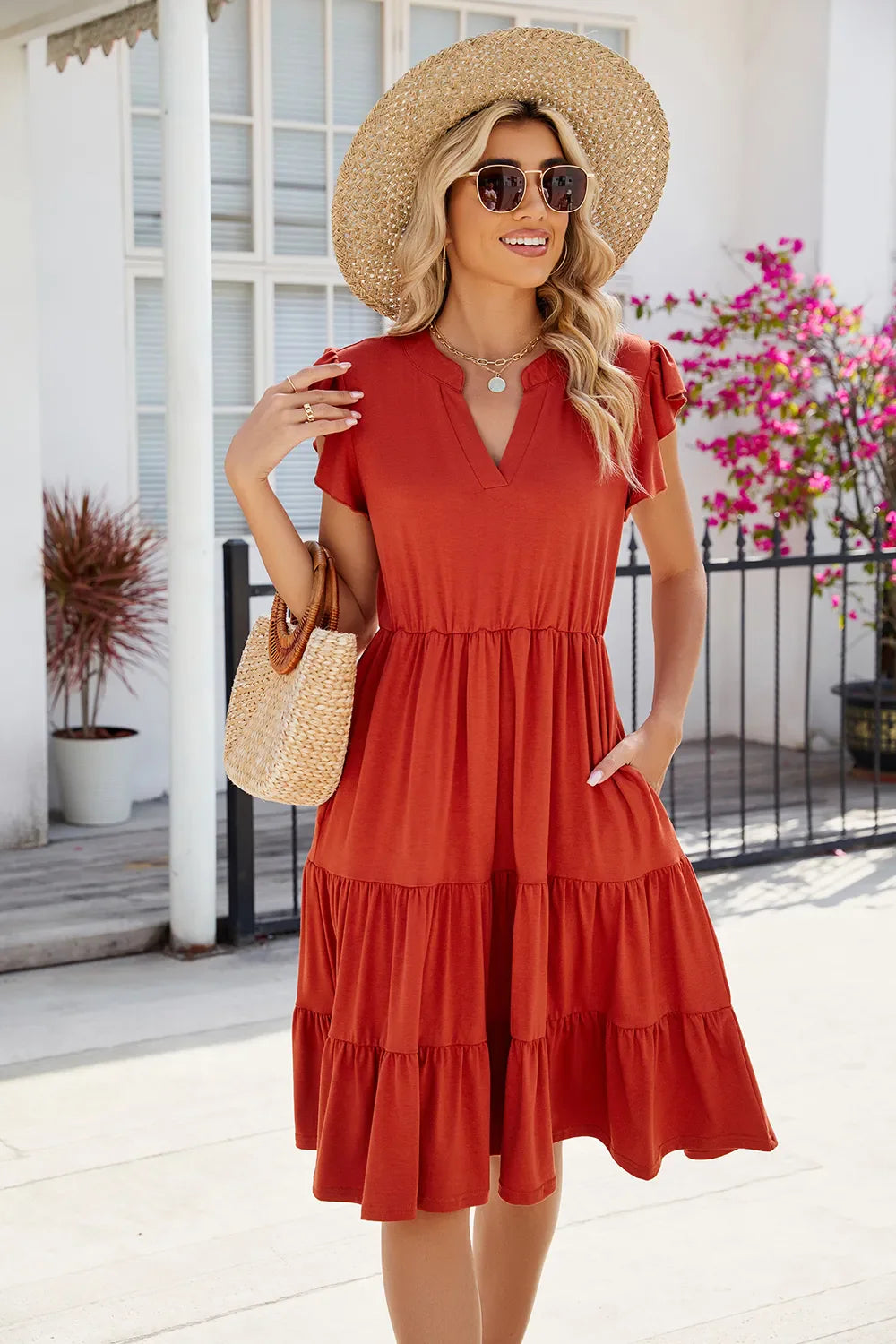 Hazel Blues® |  Ruched Notched Cap Sleeve Dress