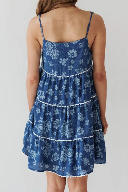 Hazel Blues® |  Floral Tiered Square Neck Denim Dress