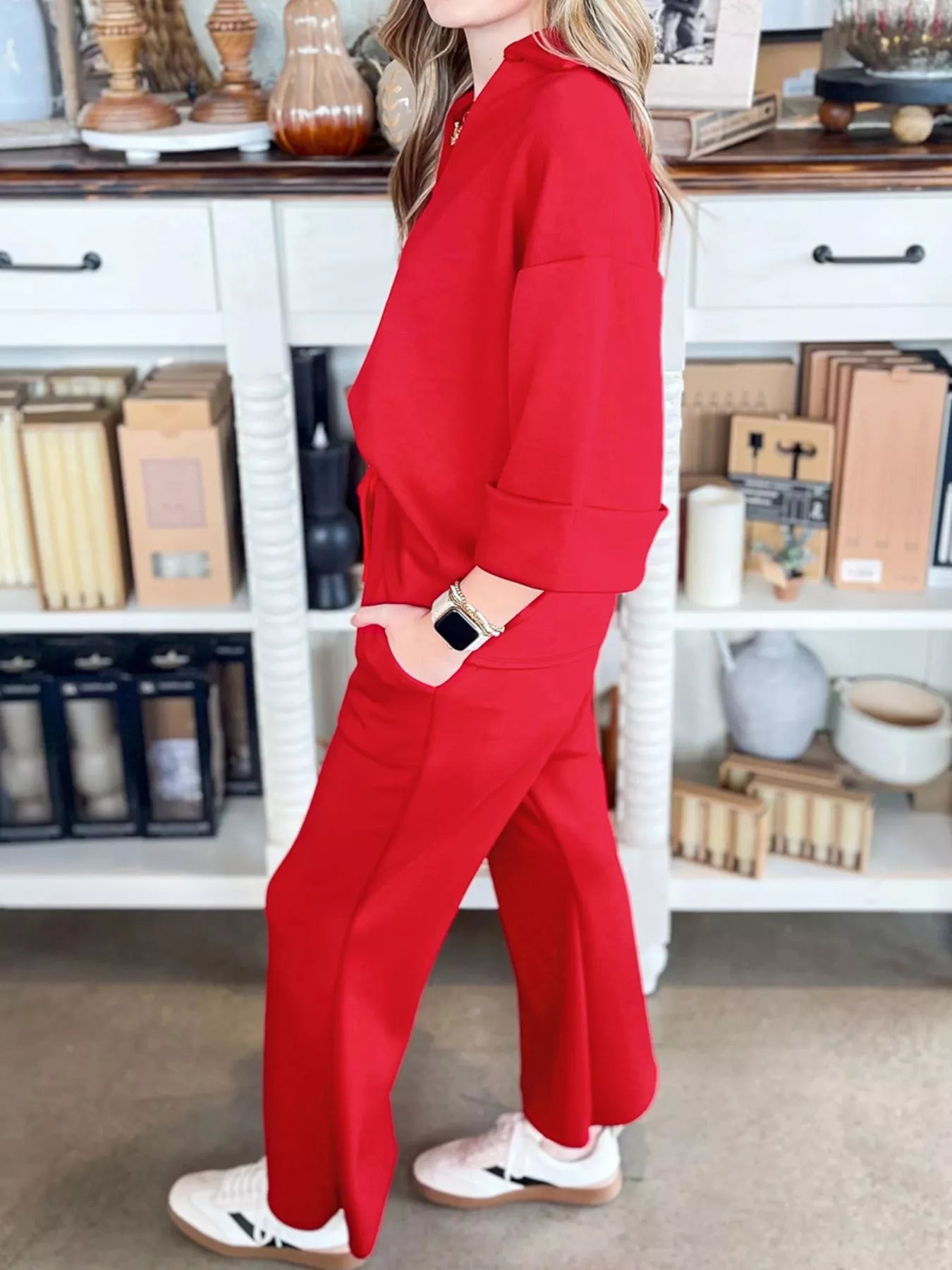 Hazel Blues® |  Polo Collar V Neck 3/4 Sleeve Pullover Drawstring Bell Bottom Pants 2pcs Set