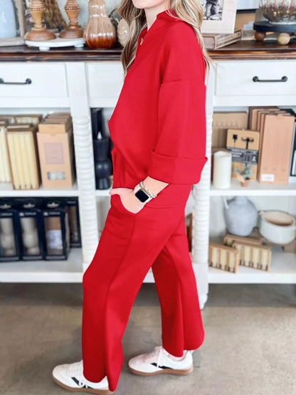 Hazel Blues® |  Polo Collar V Neck 3/4 Sleeve Pullover Drawstring Bell Bottom Pants 2pcs Set