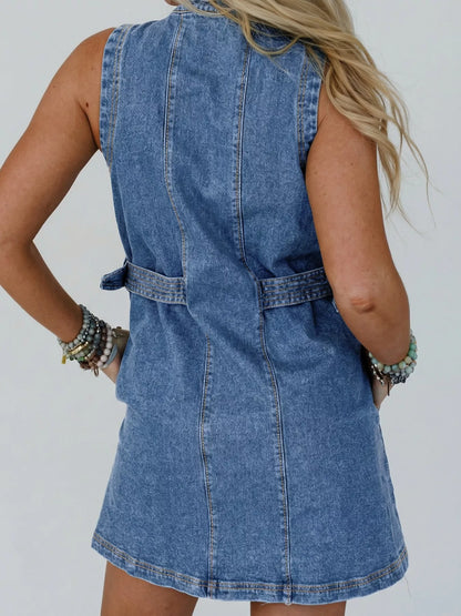 Hazel Blues® |  Western Belt Button Down Sleeveless Denim Short Dress