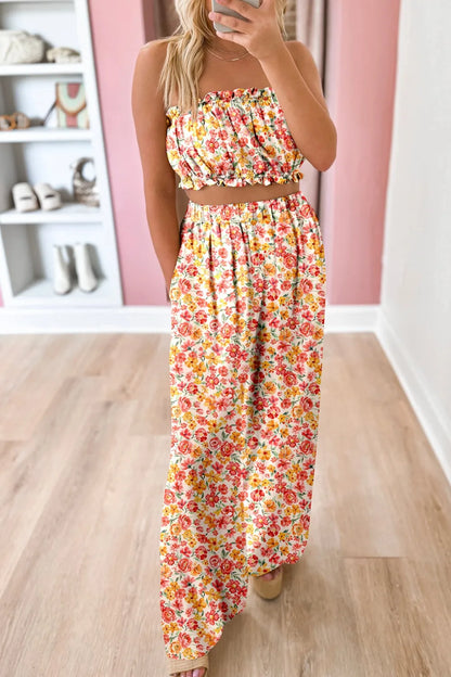 Hazel Blues® |  Boho Floral Bandeau Top and High Waist Wide Leg Pants Set