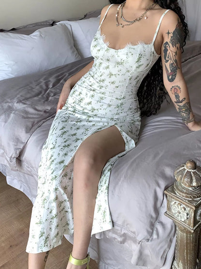 Hazel Blues® |  Floral Print Lace Trim Slit Midi Dress