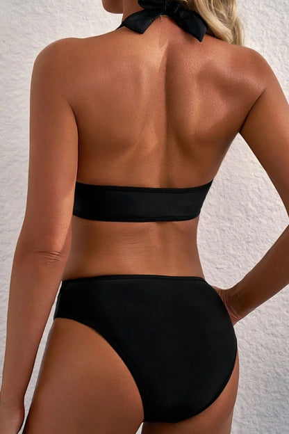 Hazel Blues® | Sheer Mesh Edged Halter V Neck Push Up Bikini Set