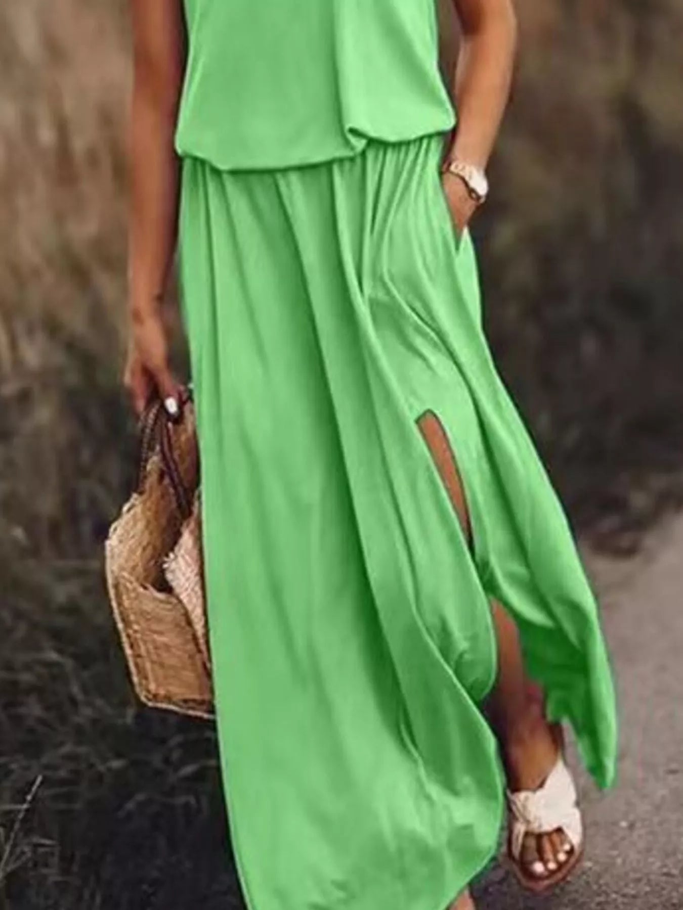 Hazel Blues® | Round Neck Sleeveless Slit Maxi Dress