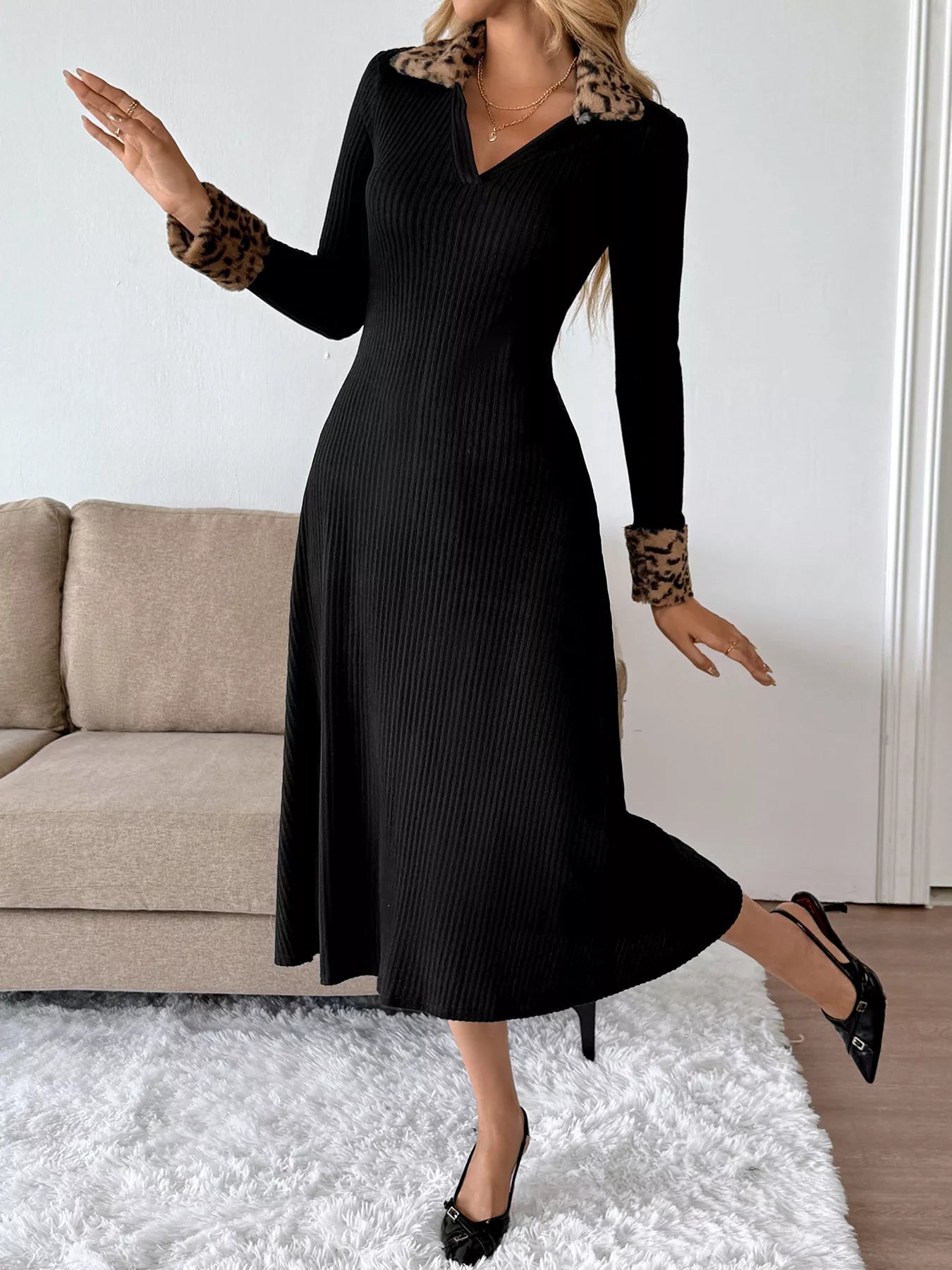 Hazel Blues® |  Leopard Cuff Johnny Collar Midi Dress