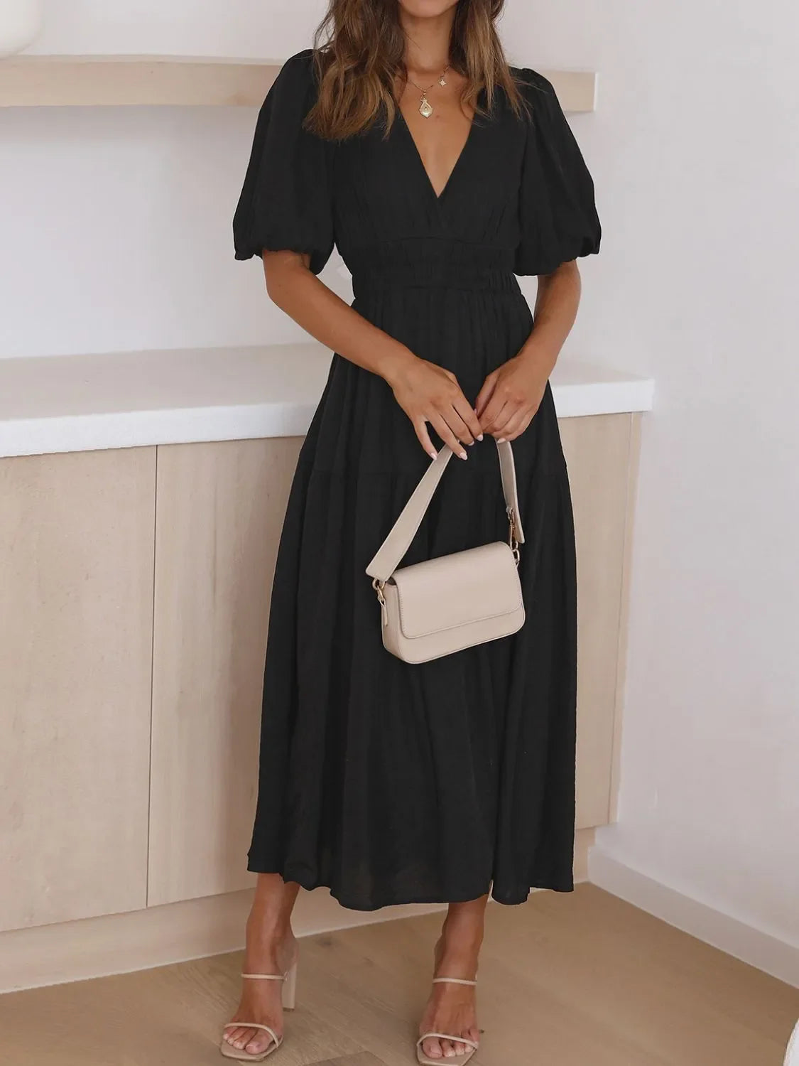 Hazel Blues® |  V-Neck Puff Sleeve Midi Dress