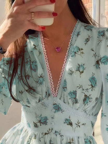 Hazel Blues® |  Floral Print Lace Detail V-Neck Mini Dress Plus SIze