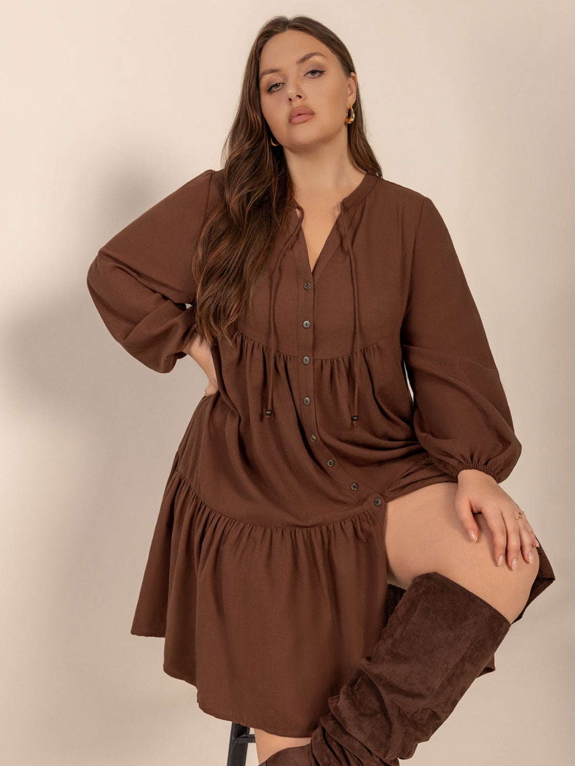 Hazel Blues® | Tie Neck Balloon Sleeve Tiered Dress