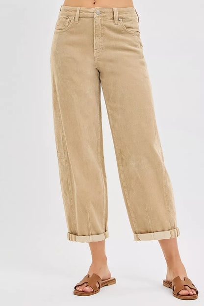 Hazel Blues® |  RISEN High Rise Crop Barrel Cordurory Pants