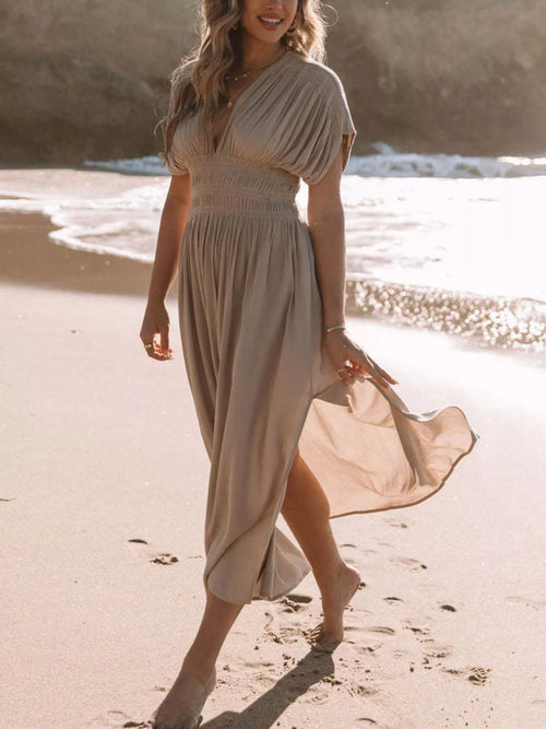 Hazel Blues® | Slit V-Neck Smocked Waist Maxi Dress