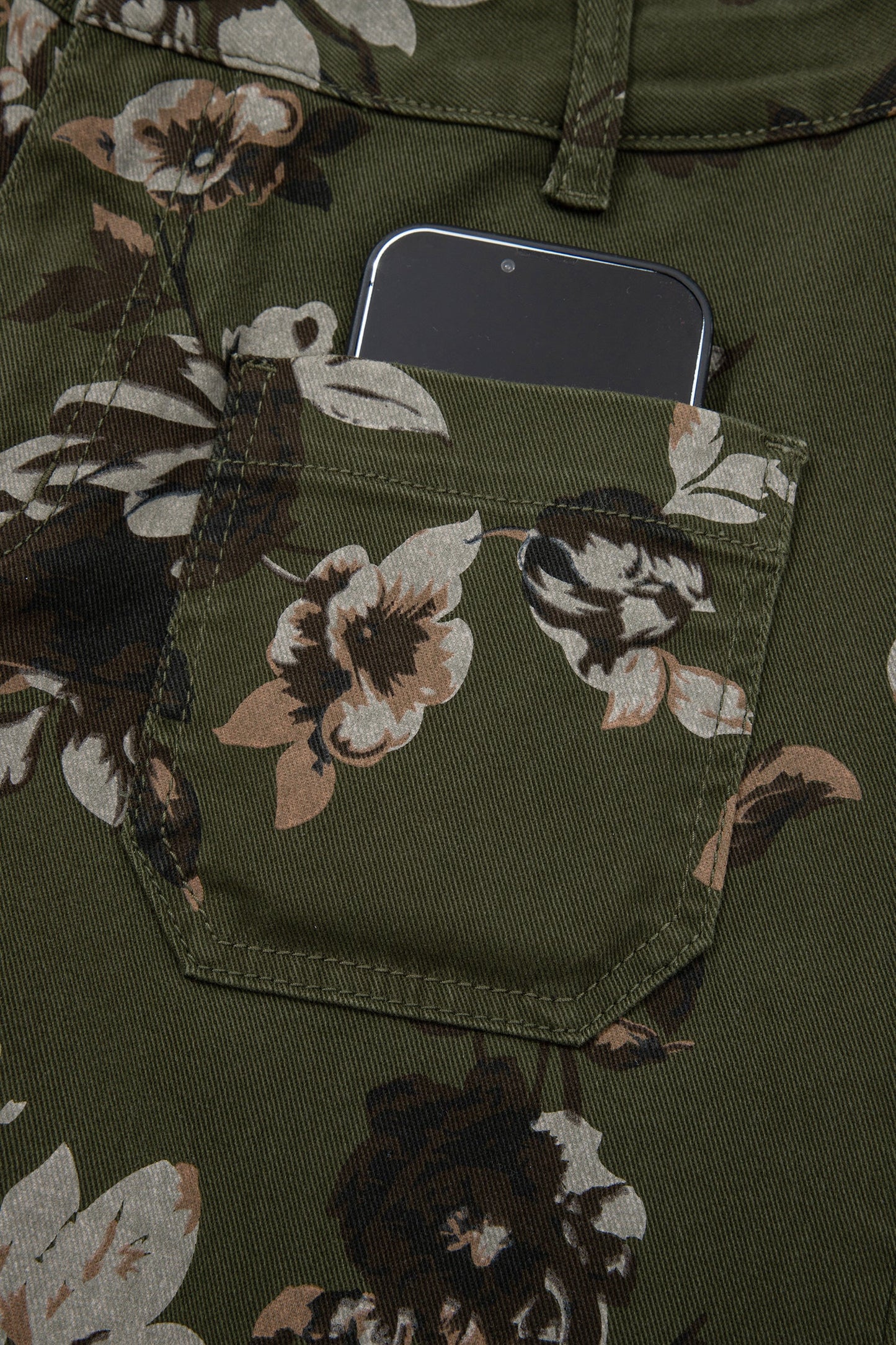 Hazel Blues® |  Green Vintage Floral Print Square Patch Pocket Raw Hem Shift Jeans