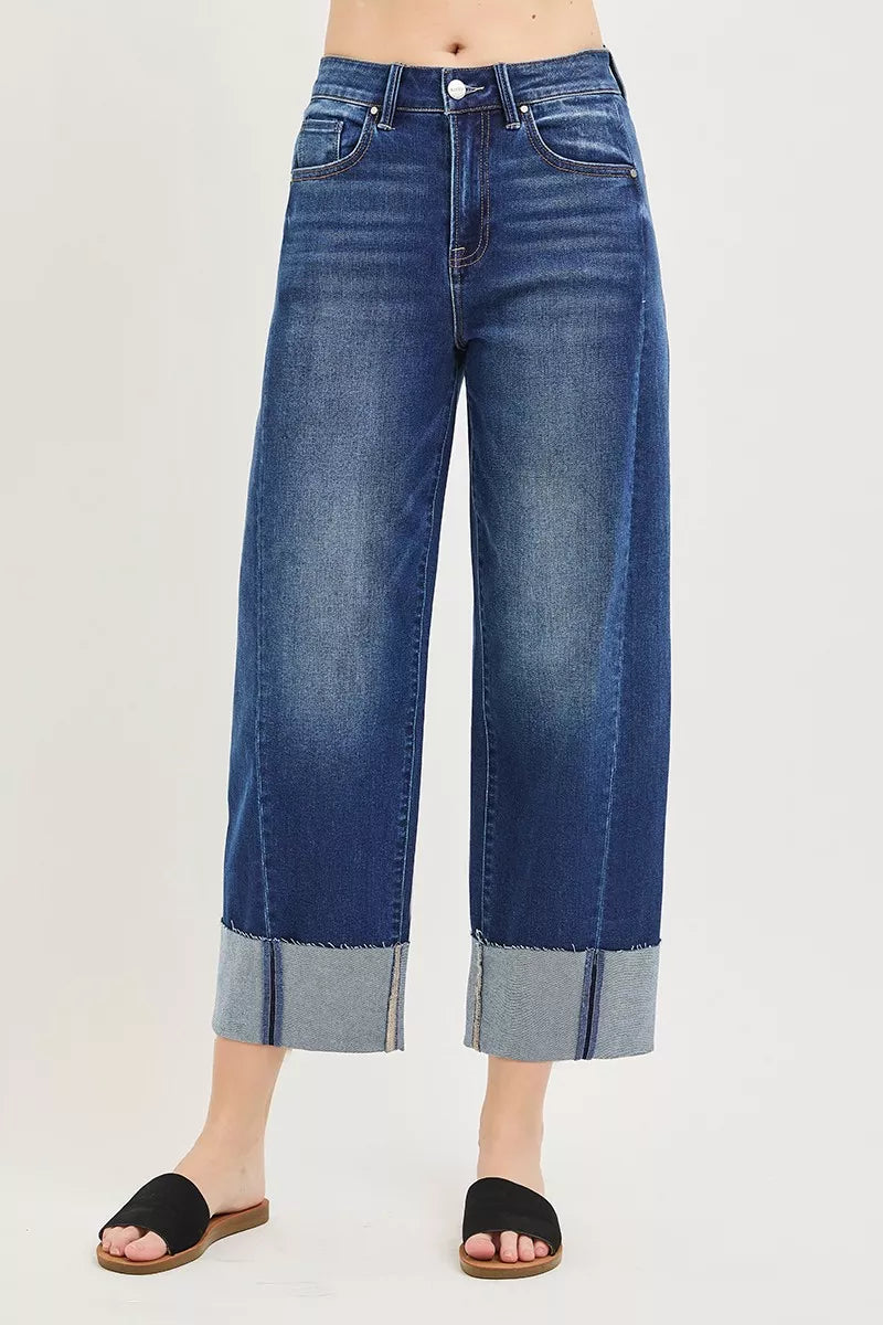 Hazel Blues® | RISEN Slouchy Crop Barrel Cuffed Jeans