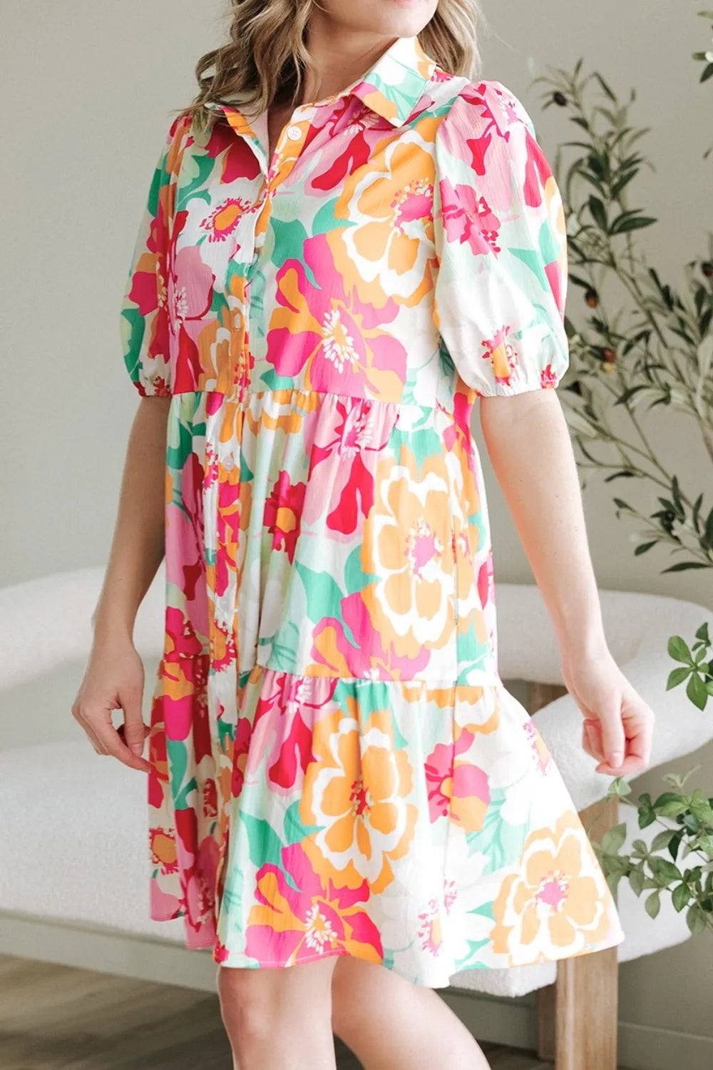 Hazel Blues® |  Button Down Floral Puff Sleeve Babydoll Dress
