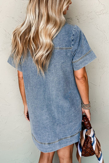 Hazel Blues® |  Short Sleeve Collared Patched Pocket Denim Mini Dress