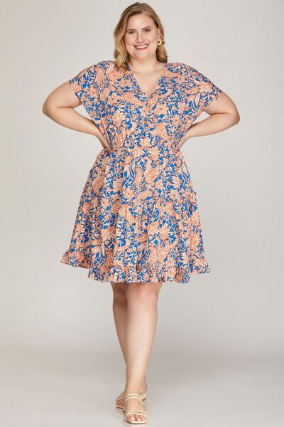Hazel Blues® | She + Sky Ruffled Hem Printed Surplice Kimono Sleeve Mini Dress