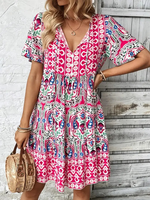 Hazel Blues® |  Printed Tie Neck Short Sleeve Dress