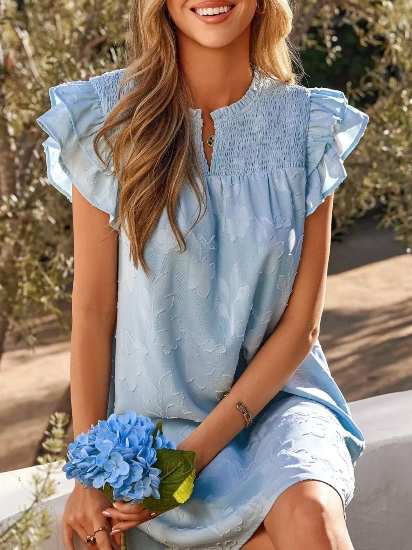Hazel Blues® |  Floral Embossed Ruffle Sleeve Mini Dress