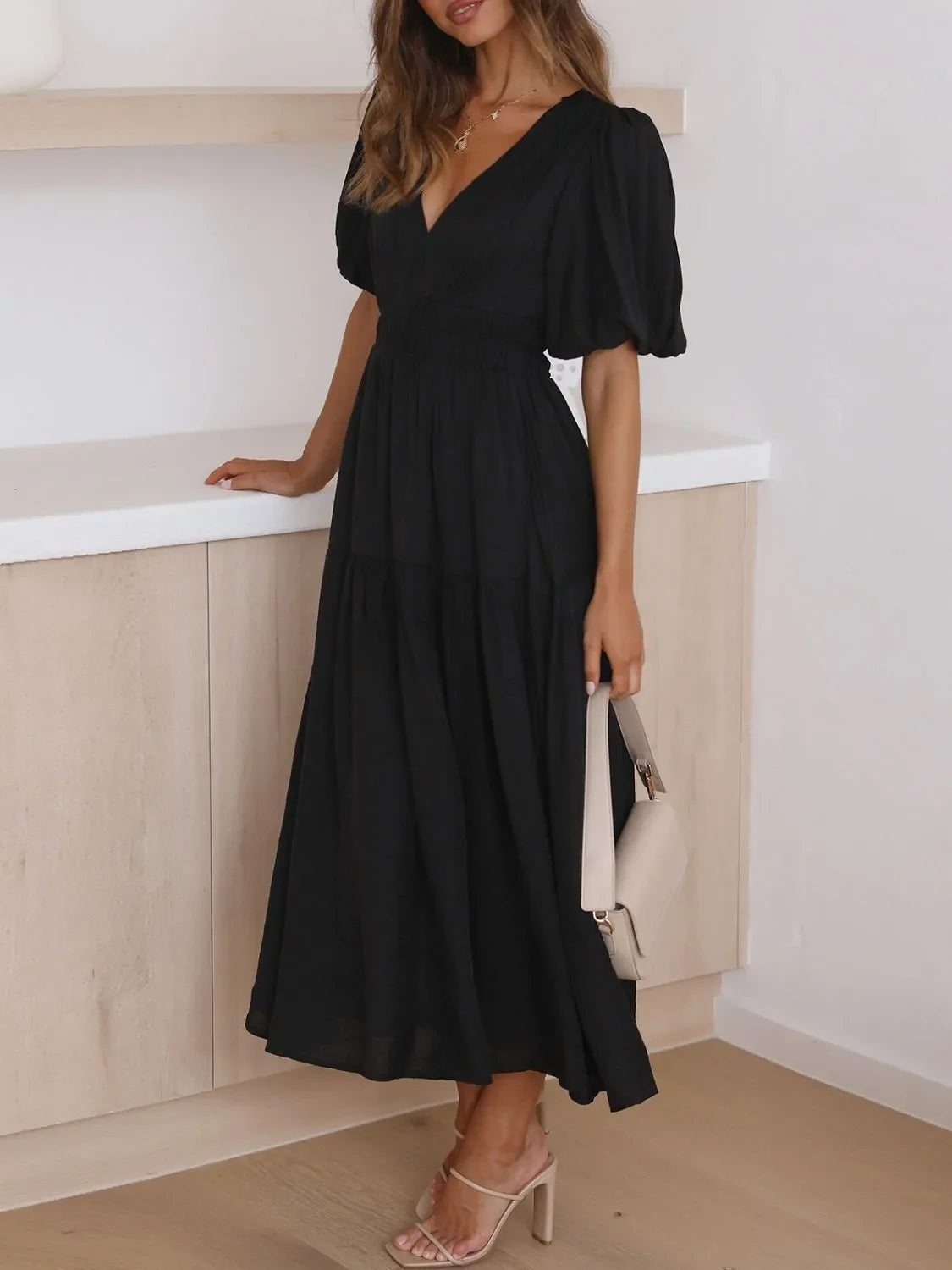Hazel Blues® |  V-Neck Puff Sleeve Midi Dress