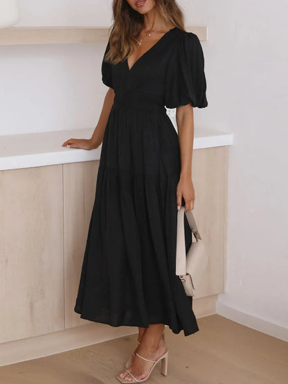 Hazel Blues® |  V-Neck Puff Sleeve Midi Dress
